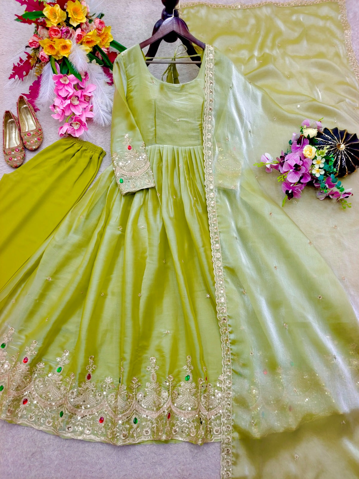 Women's Premium ZMY Silk Embroidered Anarkali Gown Set with Pant & Dupatta | Stone & Sequin Work