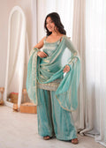 Aqua Blue Doremon Crush Mirror Work Top Palazzo Dupatta Set for Women
