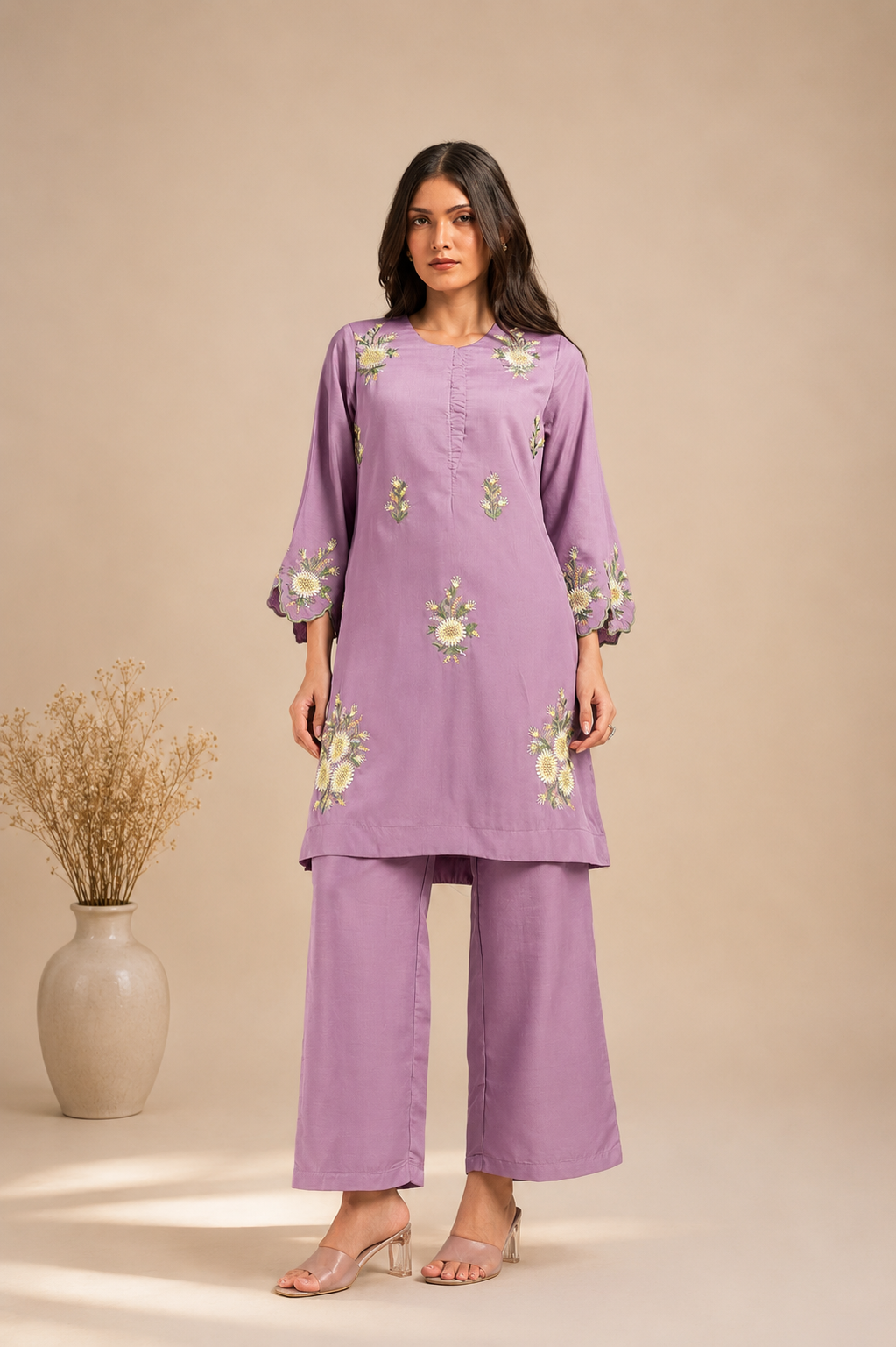 Embroidered Roman Silk Flared Co-Ord Set