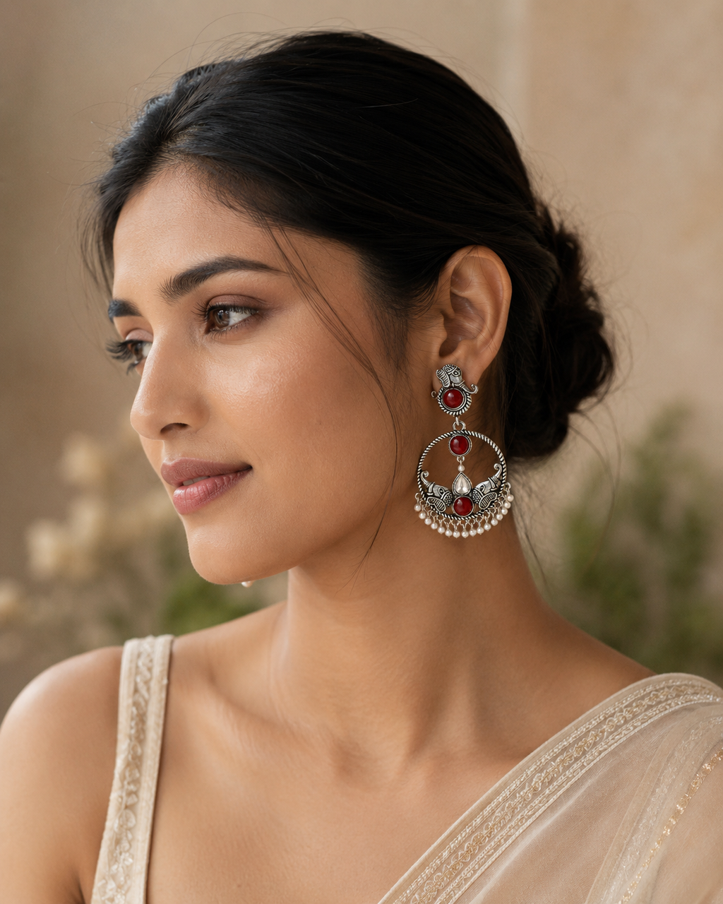 Antique Silver Elephant Motif Chandbali Earrings – Coloured Stone & Pearl Drop