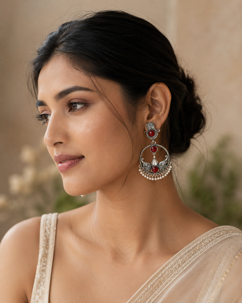 Antique Silver Elephant Motif Chandbali Earrings – Coloured Stone & Pearl Drop