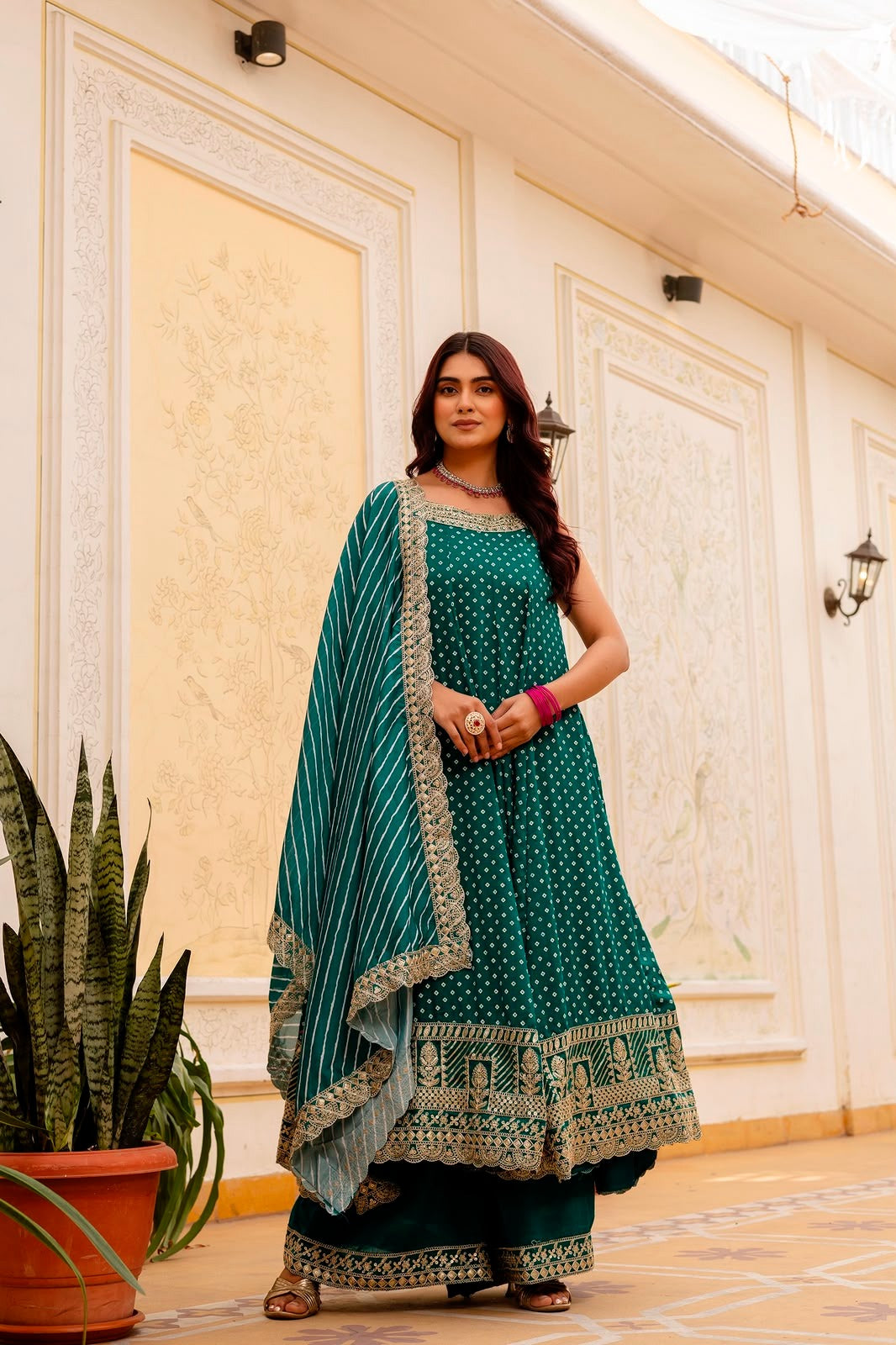 Rakshabandhan Special Bandhani Vichitra Silk Anarkali Gown with Palazzo & Leheriya Dupatta