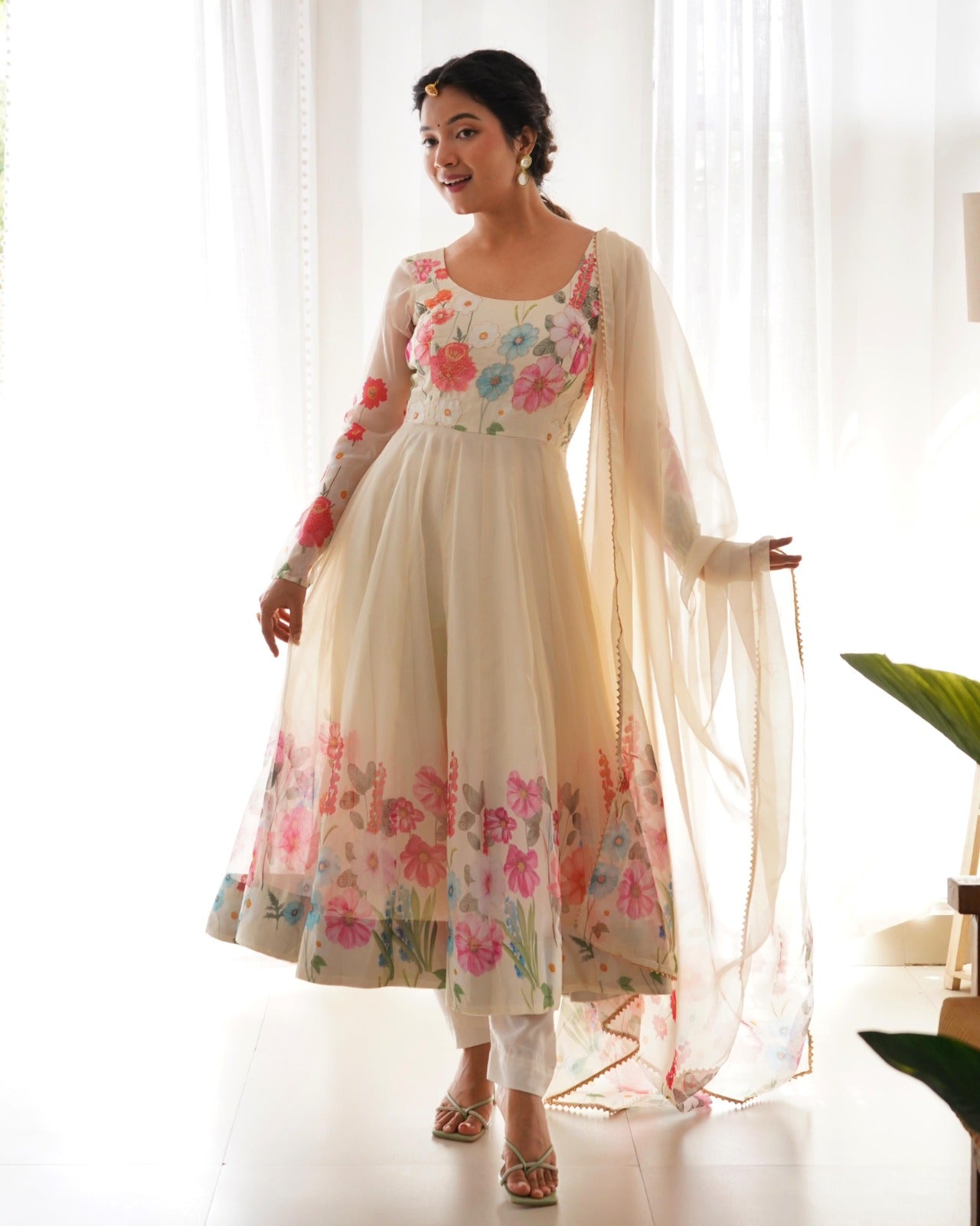 Timeless floral organza Anarkali for festivities