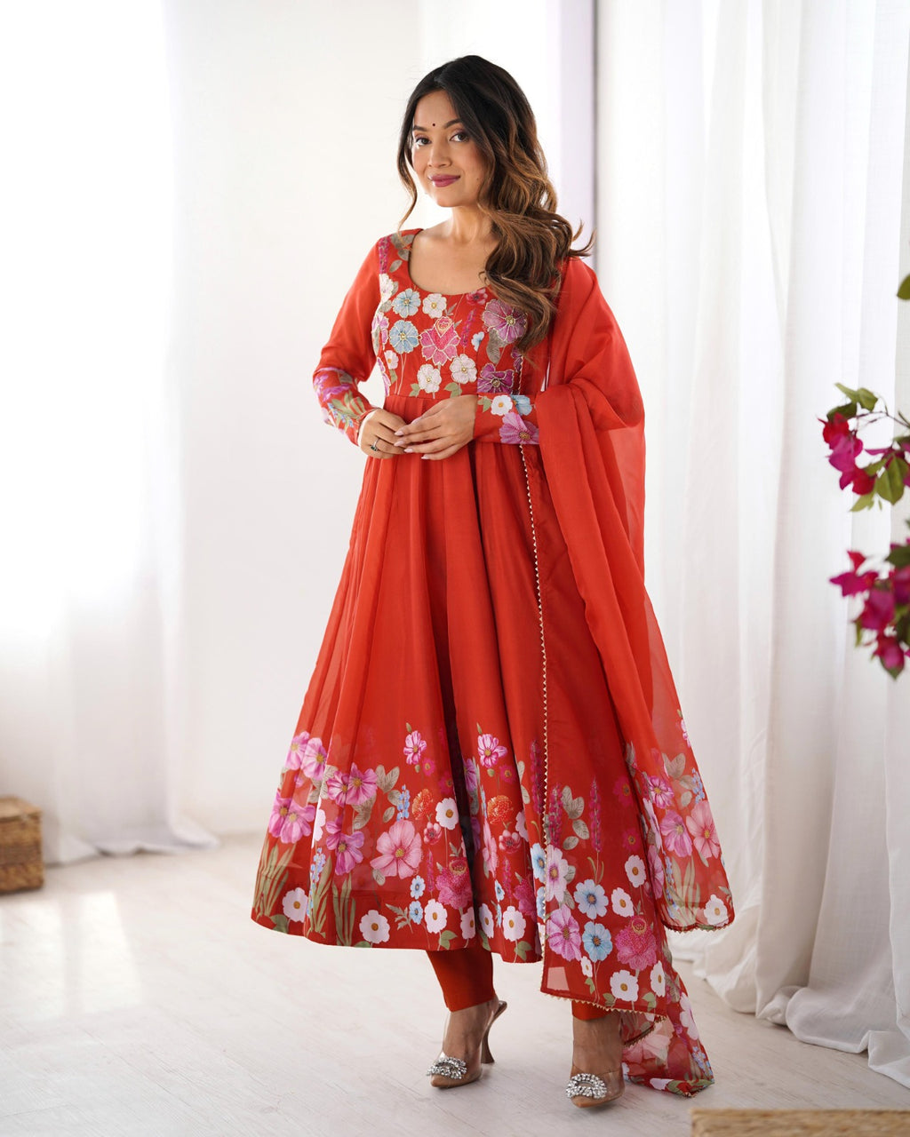 Timeless floral organza Anarkali for festivities