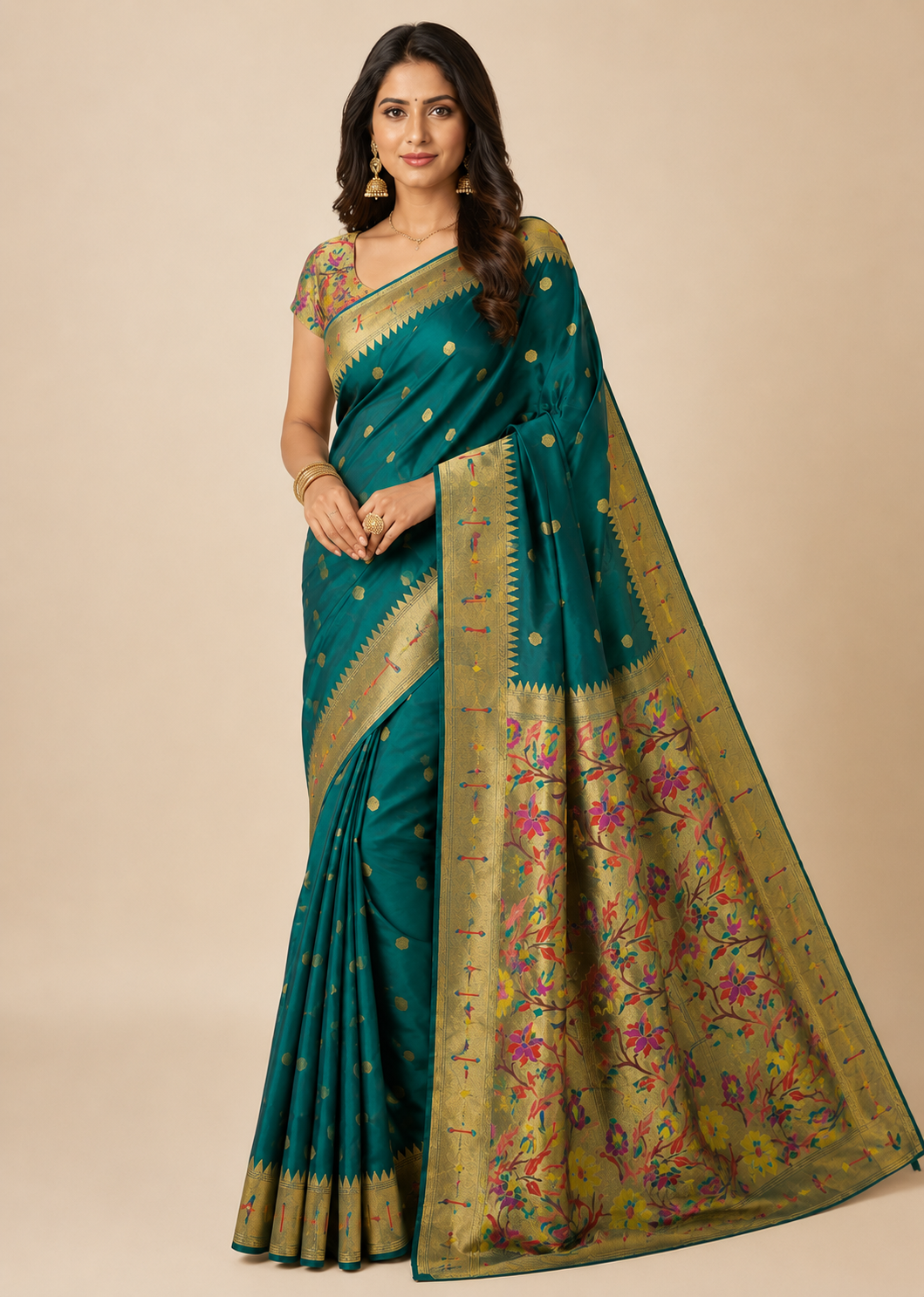 Paithani Silk Saree with Rich Floral Zari Pallu & Gold Butti