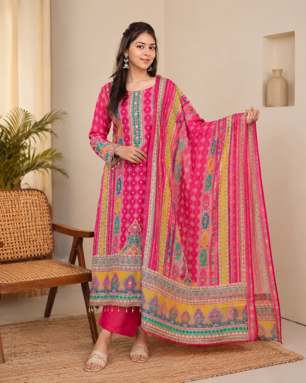 Pink Pure Chinon Anarkali Kurta Set with Hand Mirror Work & Chiffon Dupatta