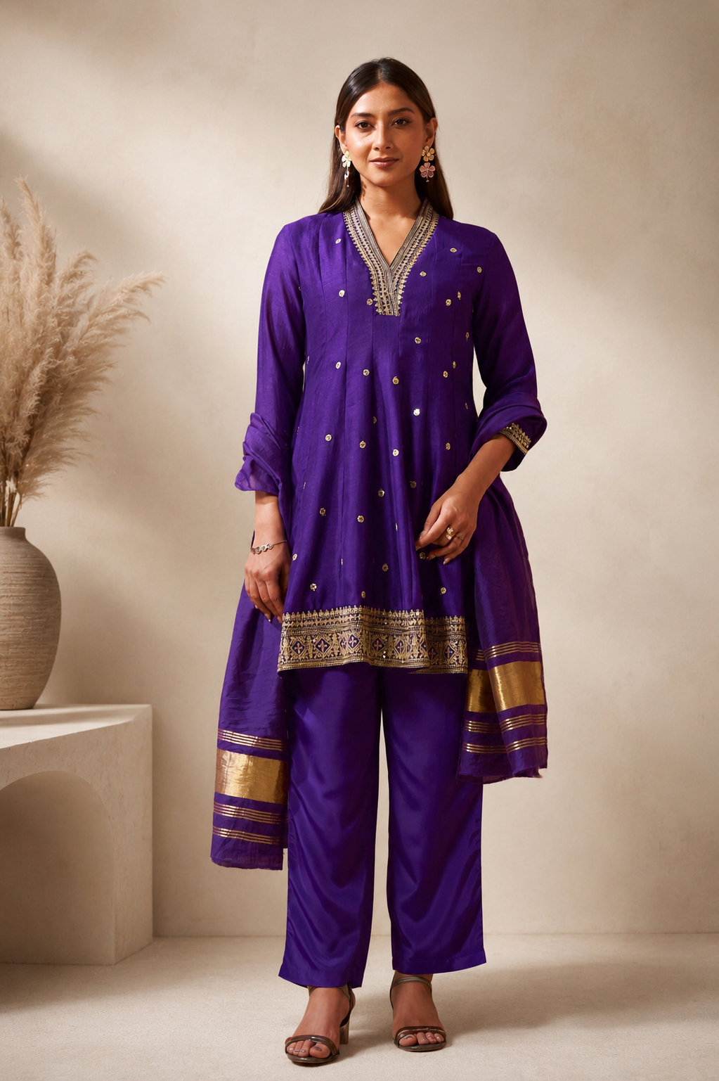 Vichitra Silk Embroidered Flared Kurta Set with Crepe Bottom & Dupatta