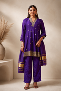Vichitra Silk Embroidered Flared Kurta Set with Crepe Bottom & Dupatta