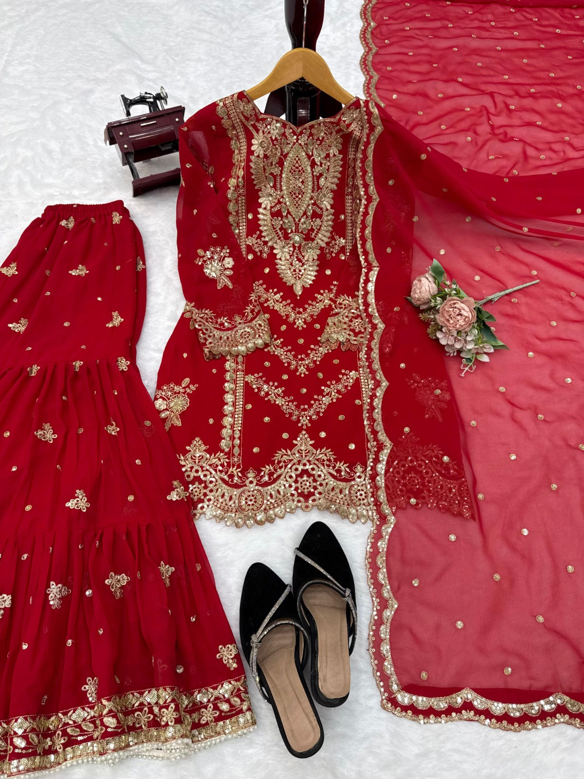 Women's Faux Georgette Embroidered Sharara Suit Set with Dupatta | Designer Palazzo Set