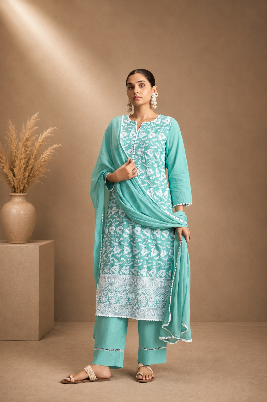Pure Cotton Schiffli Embroidered Straight Kurta Set with Chiffon Dupatta & Inner