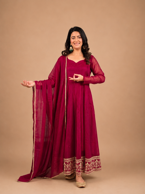 Designer Heavy Crunchy Silk Anarkali Gown Set with Embroidered Dupatta – Ready to Wear