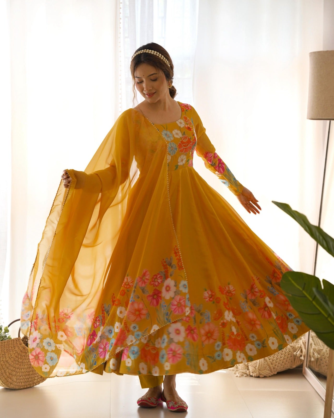 Timeless floral organza Anarkali for festivities