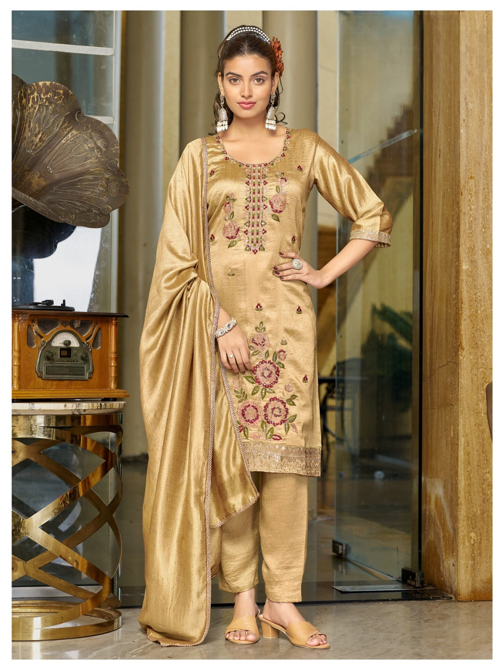 Premium Blooming Vichitra Silk Embroidered Kurti Pant & Dupatta Set