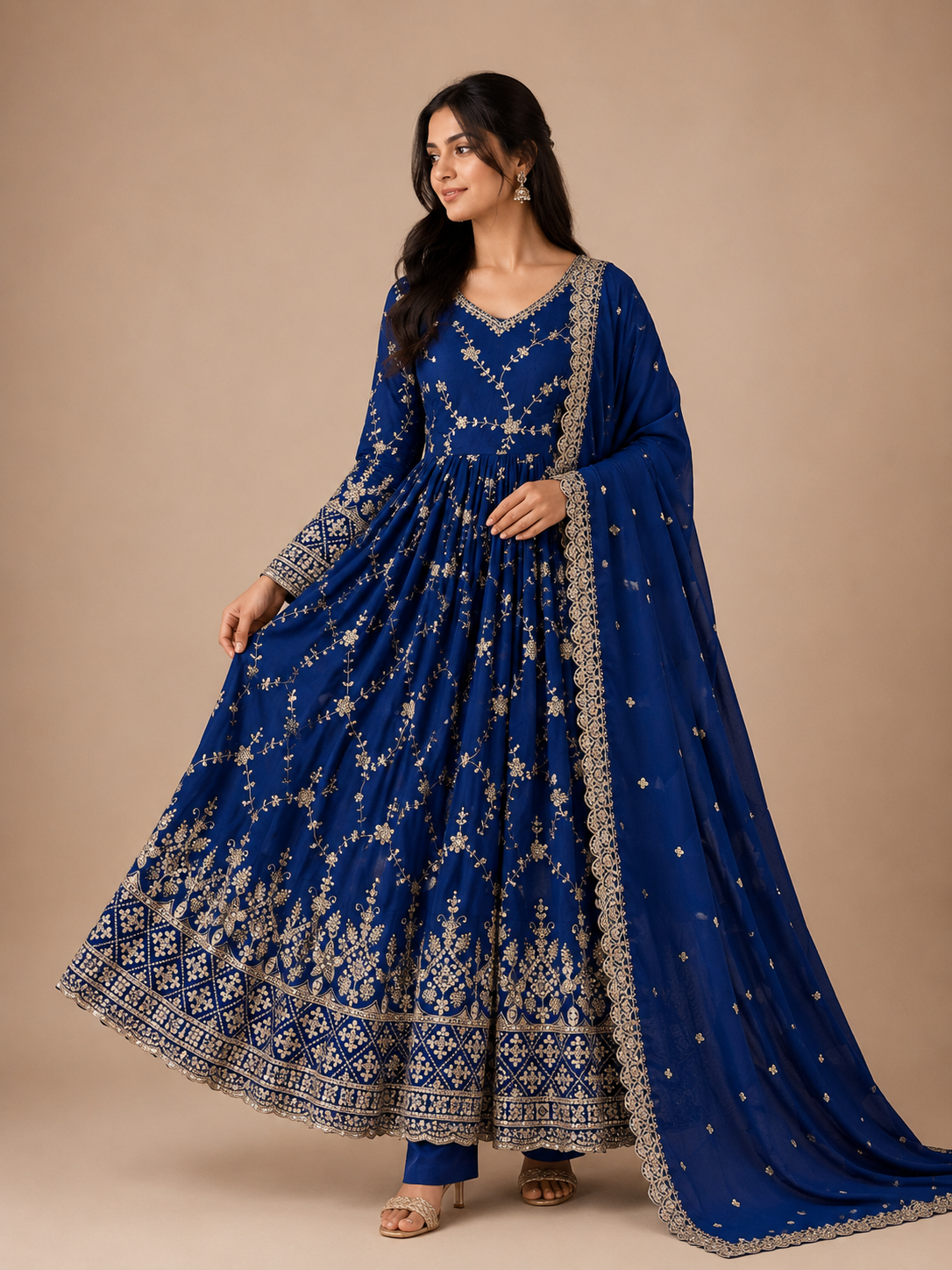 Women's Premium Heavy Chinon Silk Embroidered Anarkali Gown Set with Pant & Dupatta