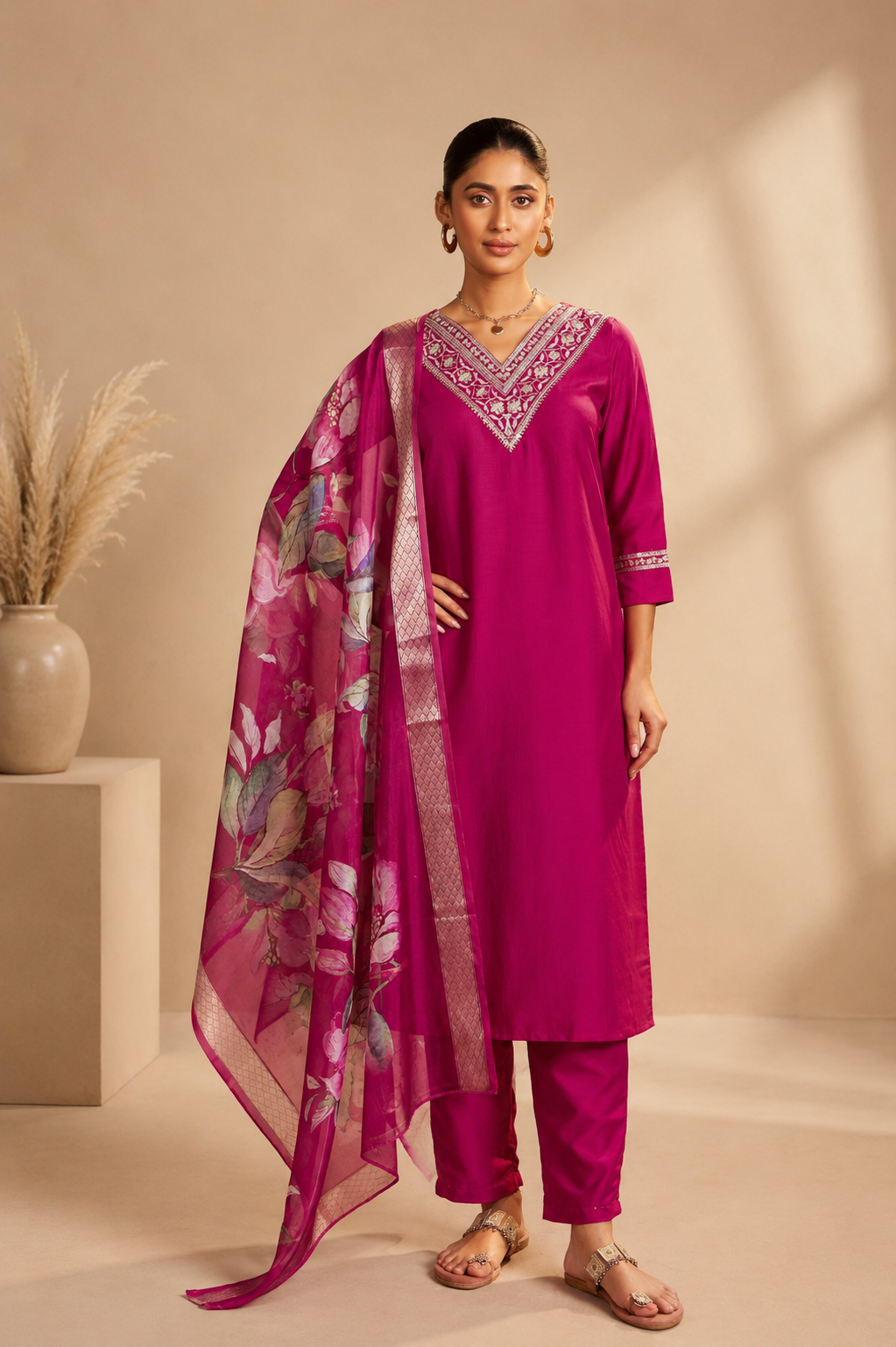 Cotton Blend Embroidered Straight Kurta with Pant & Organza Jacquard Printed Dupatta