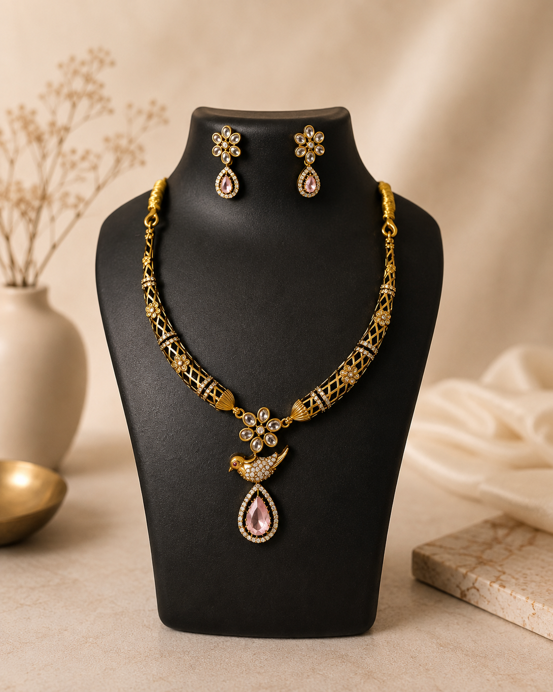 Elegant Gold-Tone Bird Pendant Necklace Set with Pink Stone Drops & Matching Earrings