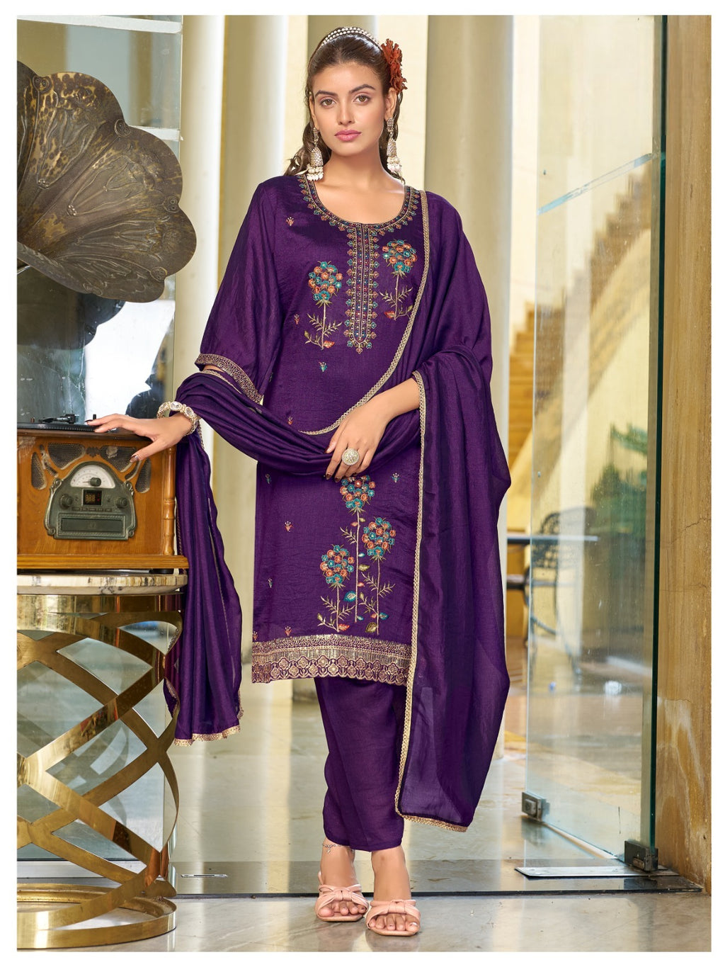Premium Blooming Vichitra Silk Embroidered Kurti Pant & Dupatta Set