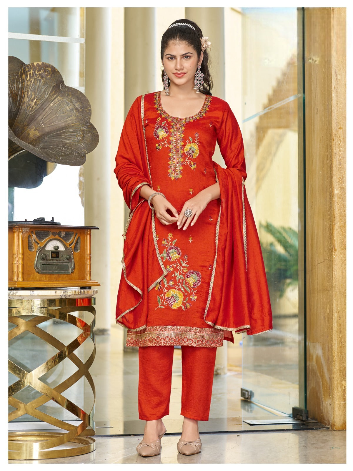 Premium Blooming Vichitra Silk Embroidered Kurti Pant & Dupatta Set