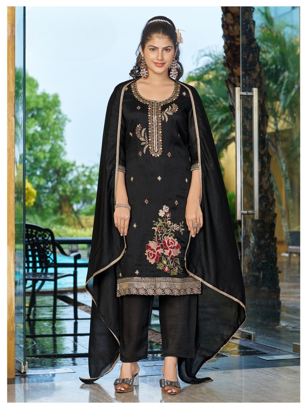Premium Blooming Vichitra Silk Embroidered Kurti Pant & Dupatta Set