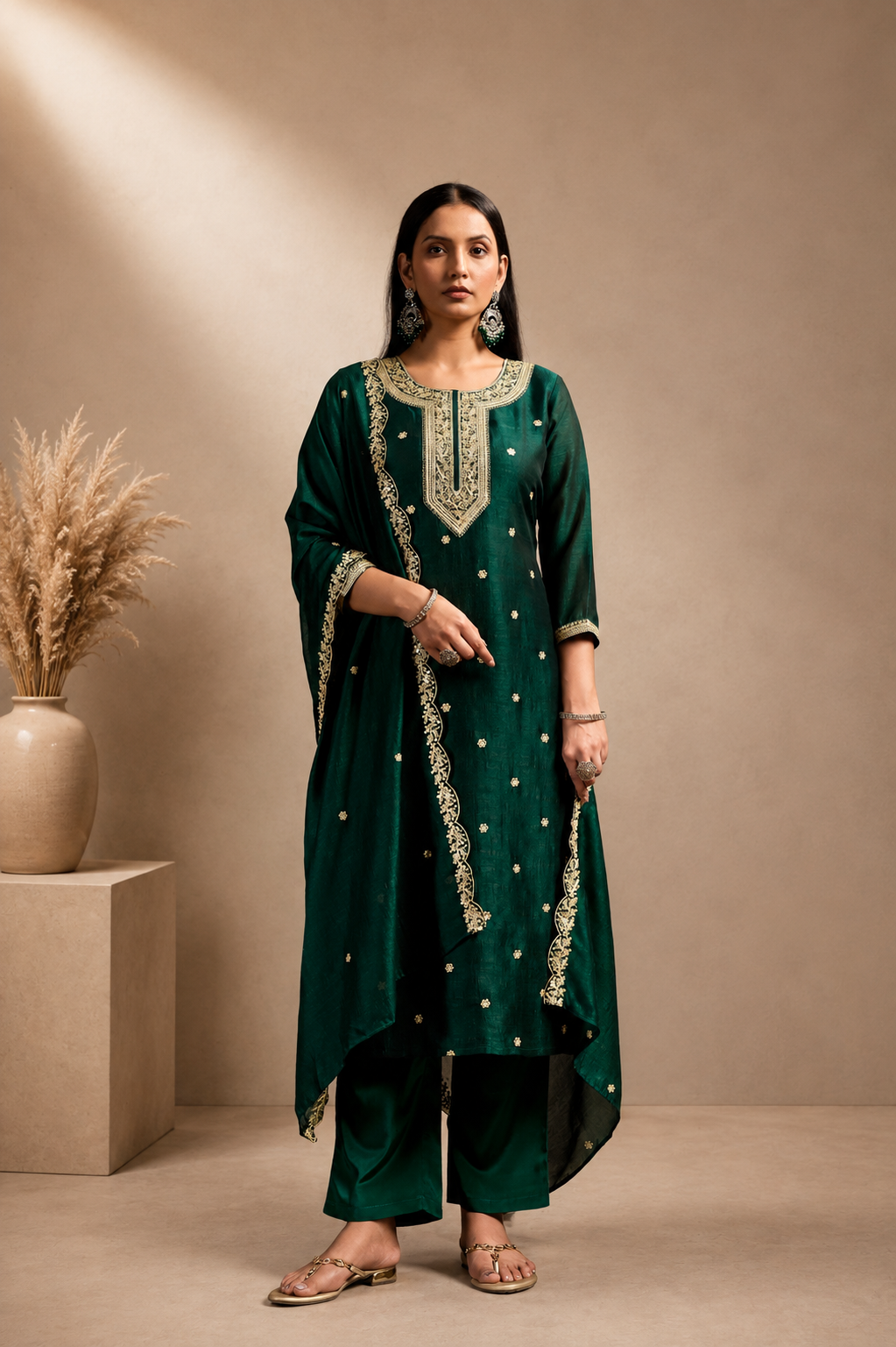 Vichitra Silk Embroidered Straight Kurta Set with Embroidered Dupatta
