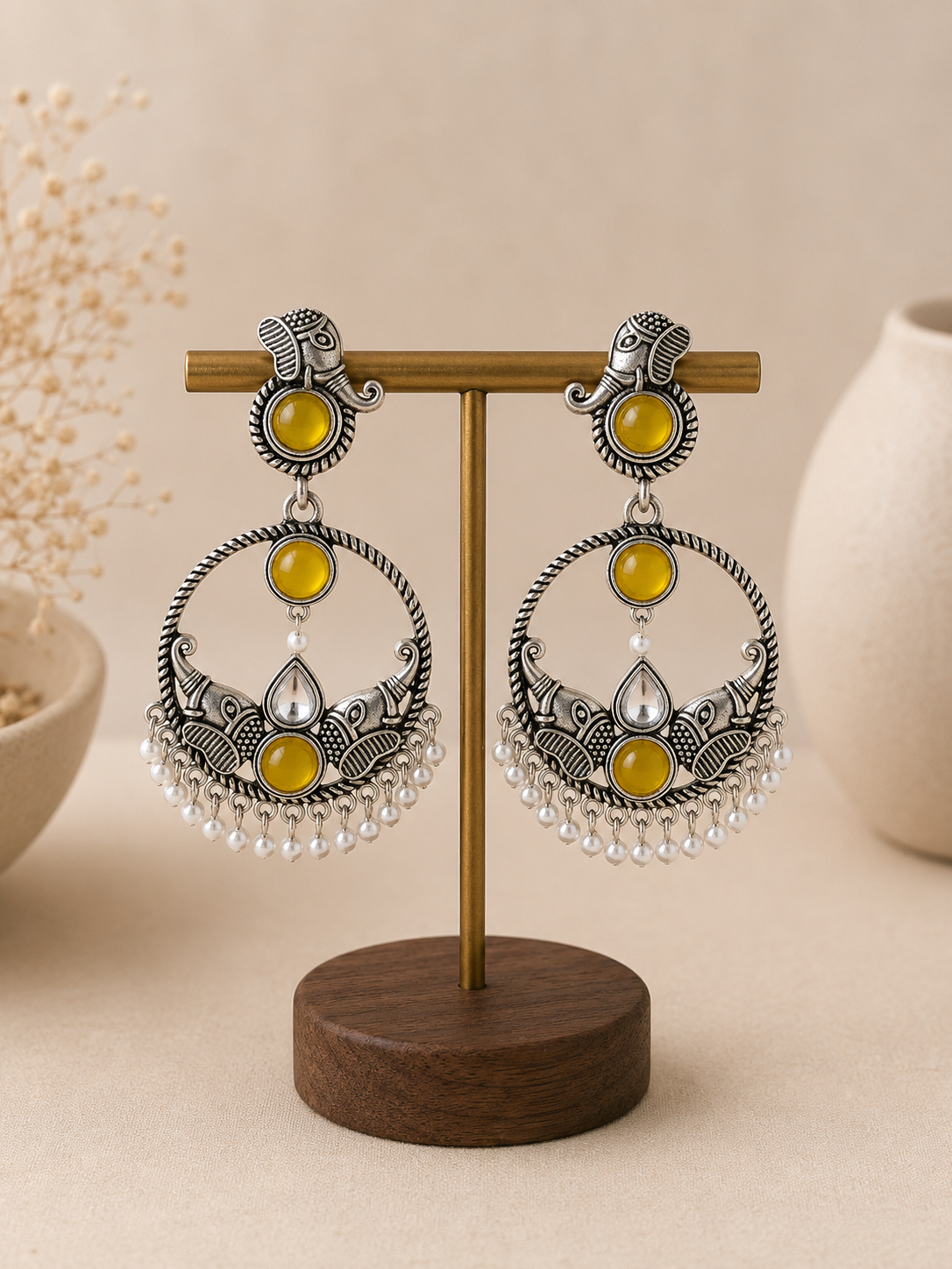 Antique Silver Elephant Motif Chandbali Earrings – Coloured Stone & Pearl Drop