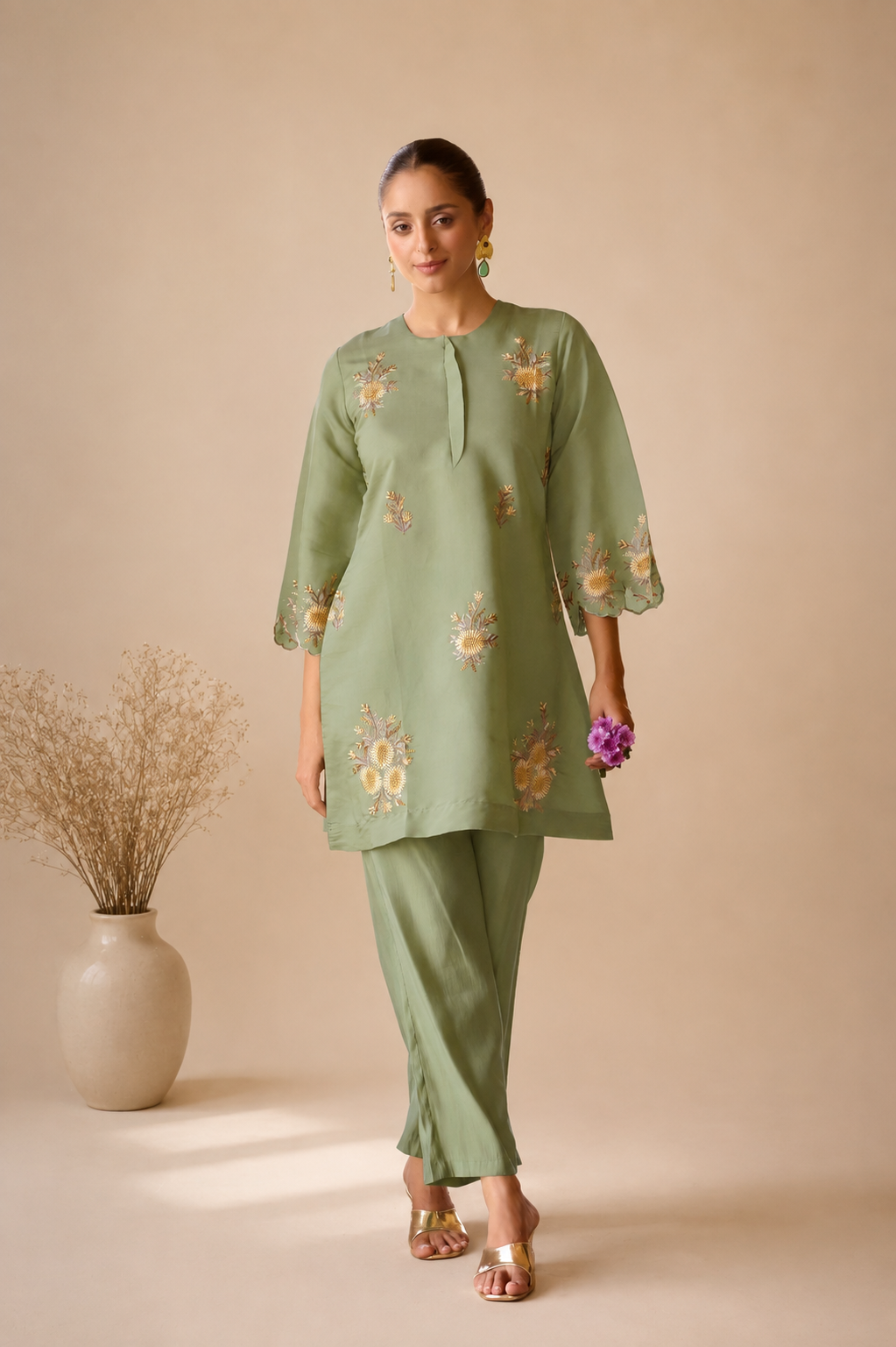 Embroidered Roman Silk Flared Co-Ord Set
