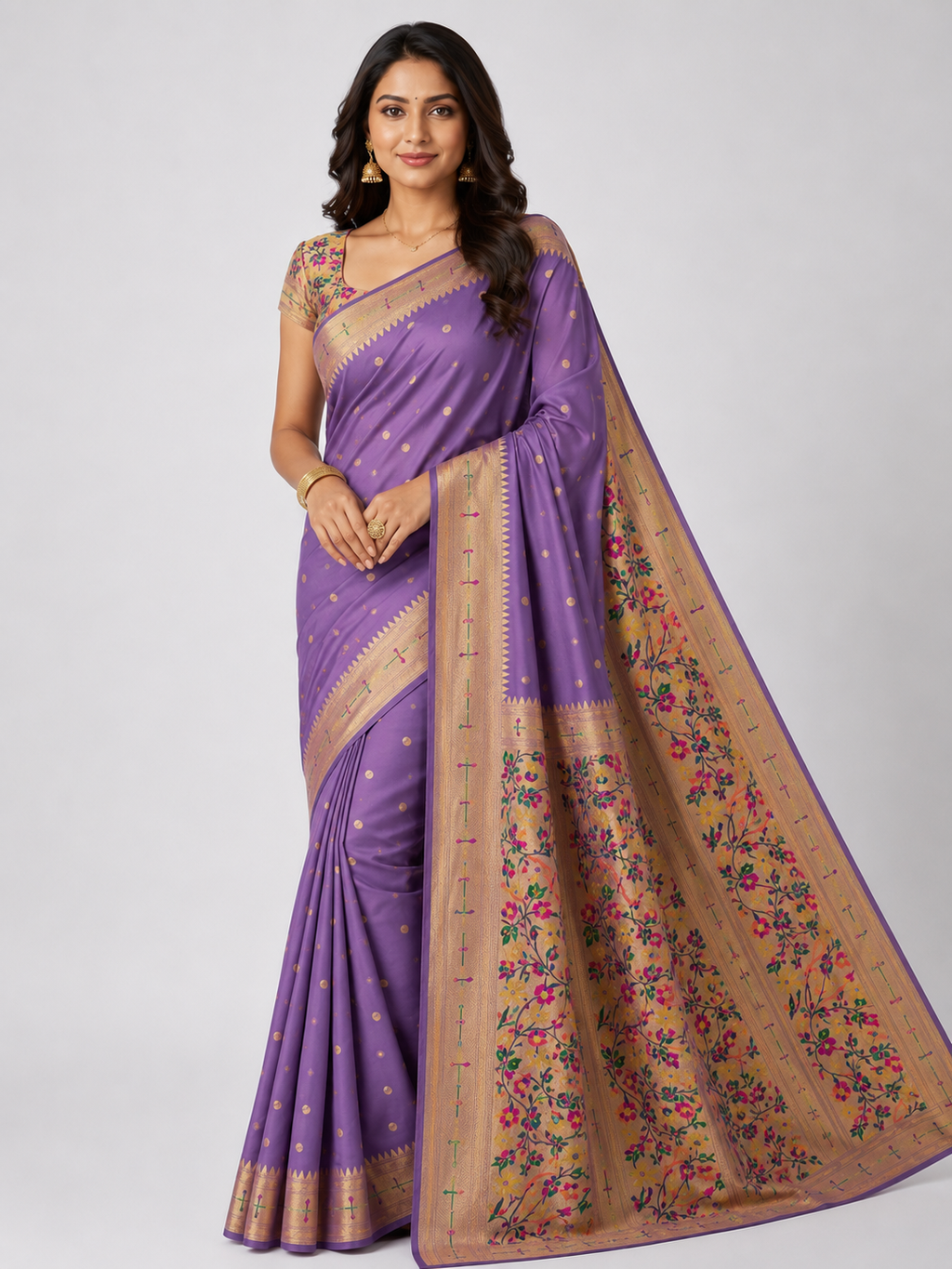Paithani Silk Saree with Rich Floral Zari Pallu & Gold Butti
