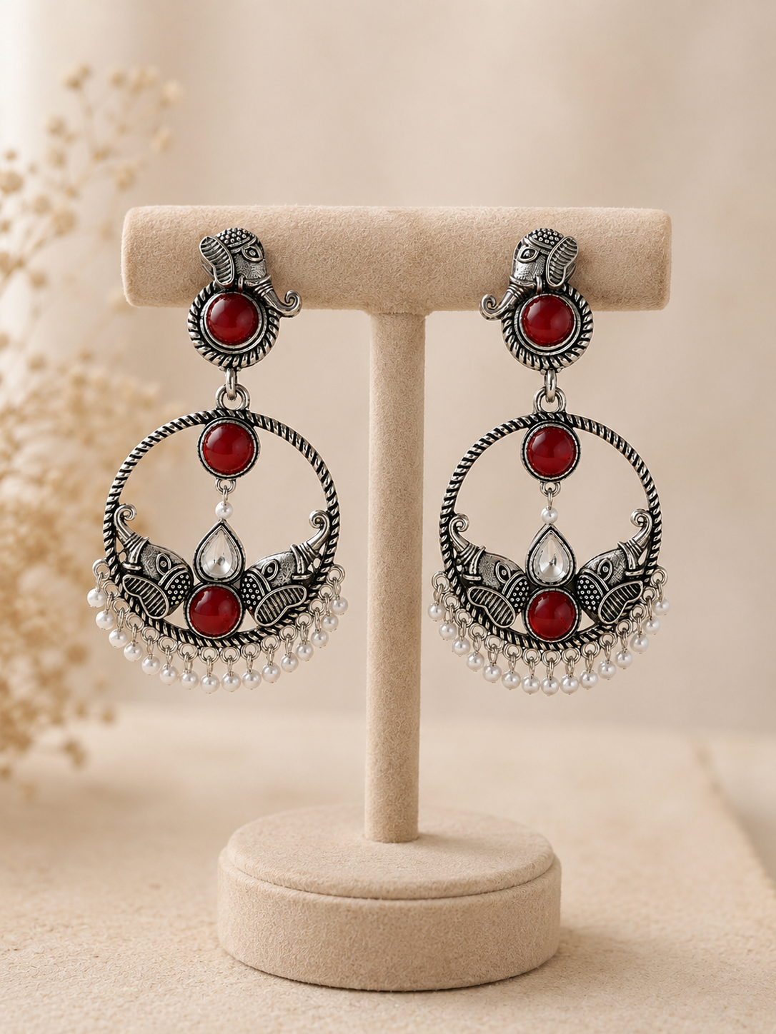 Antique Silver Elephant Motif Chandbali Earrings – Coloured Stone & Pearl Drop