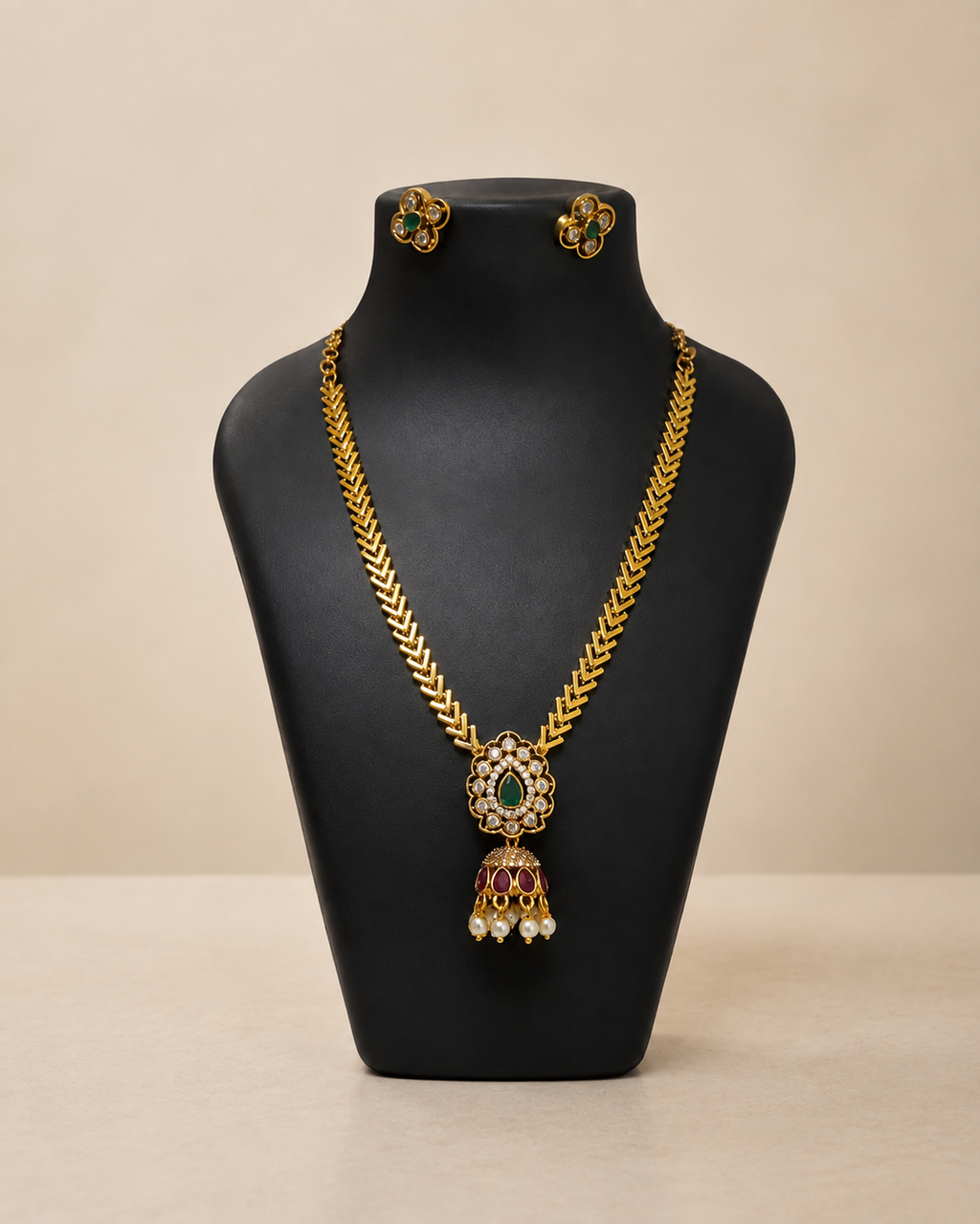 Antique Gold Plated Green Stone Pendant Necklace Set with Matching Earrings for Women