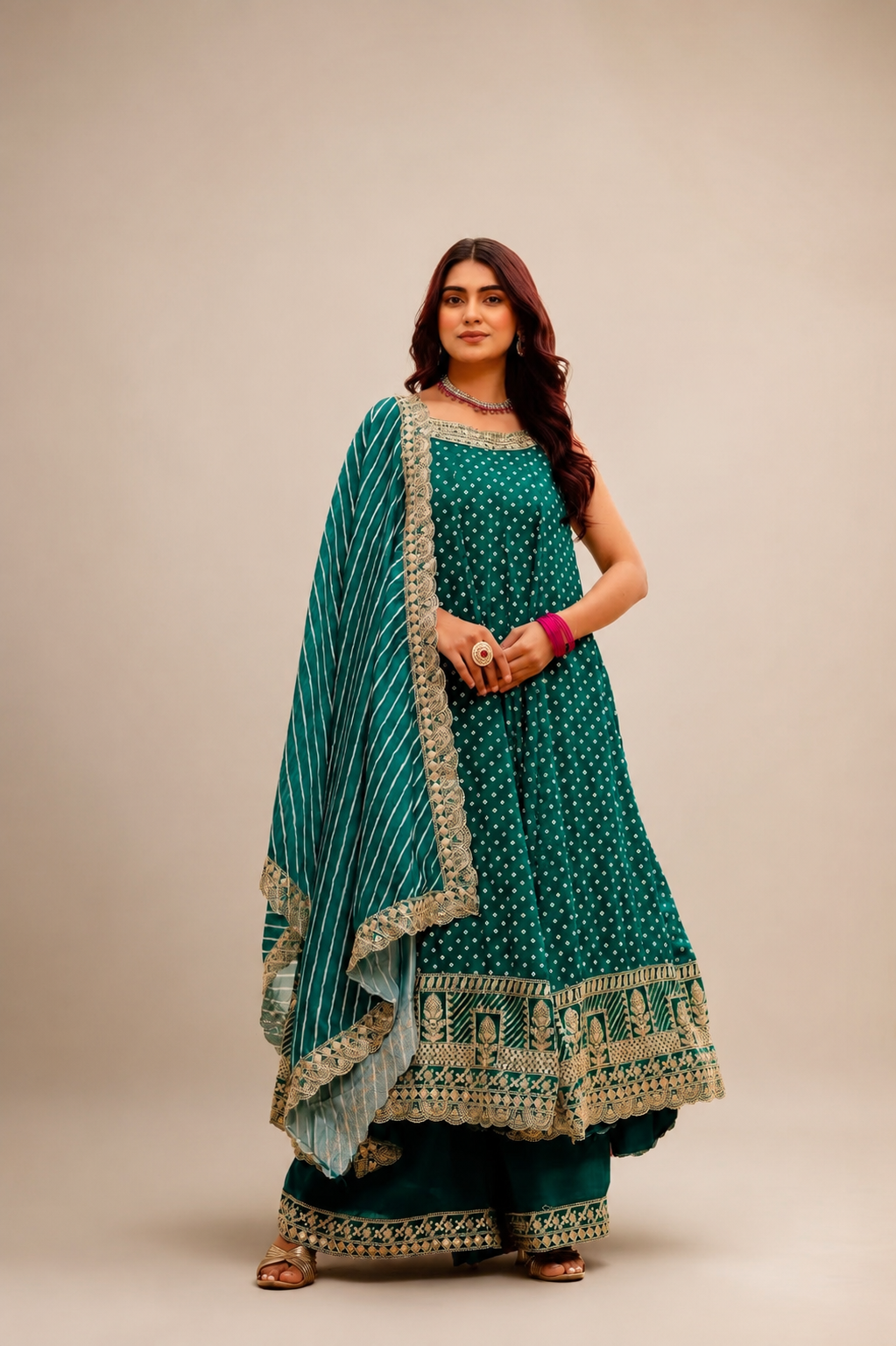 Rakshabandhan Special Bandhani Vichitra Silk Anarkali Gown with Palazzo & Leheriya Dupatta