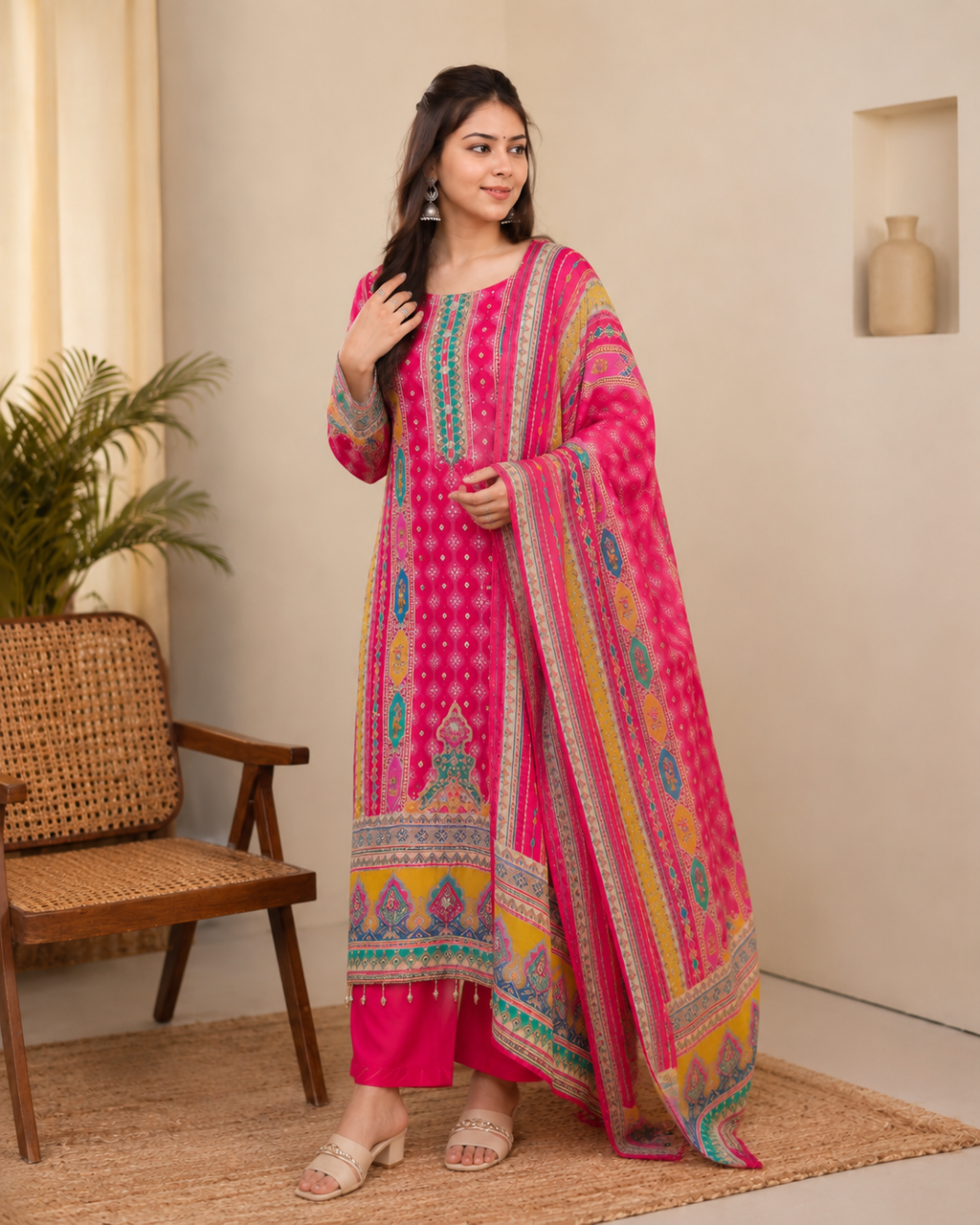 Pink Pure Chinon Anarkali Kurta Set with Hand Mirror Work & Chiffon Dupatta