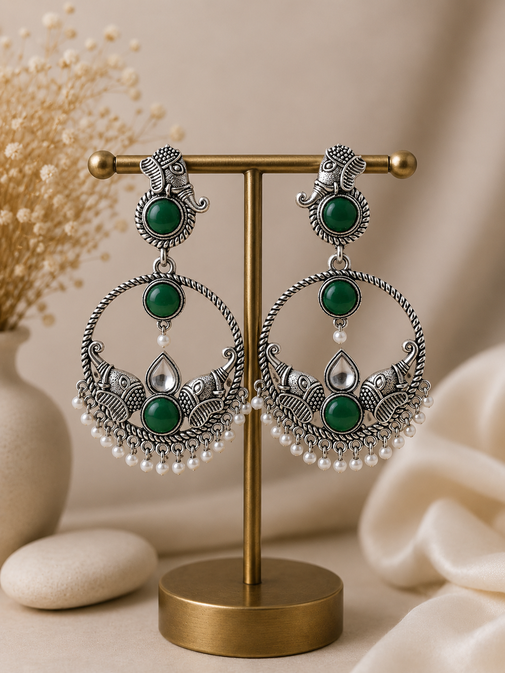 Antique Silver Elephant Motif Chandbali Earrings – Coloured Stone & Pearl Drop