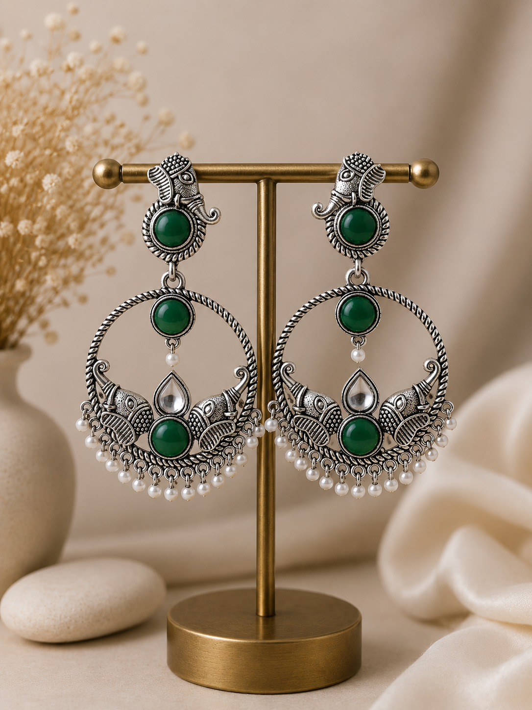 Antique Silver Elephant Motif Chandbali Earrings – Coloured Stone & Pearl Drop