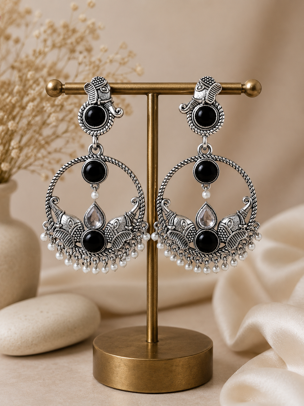 Antique Silver Elephant Motif Chandbali Earrings – Coloured Stone & Pearl Drop