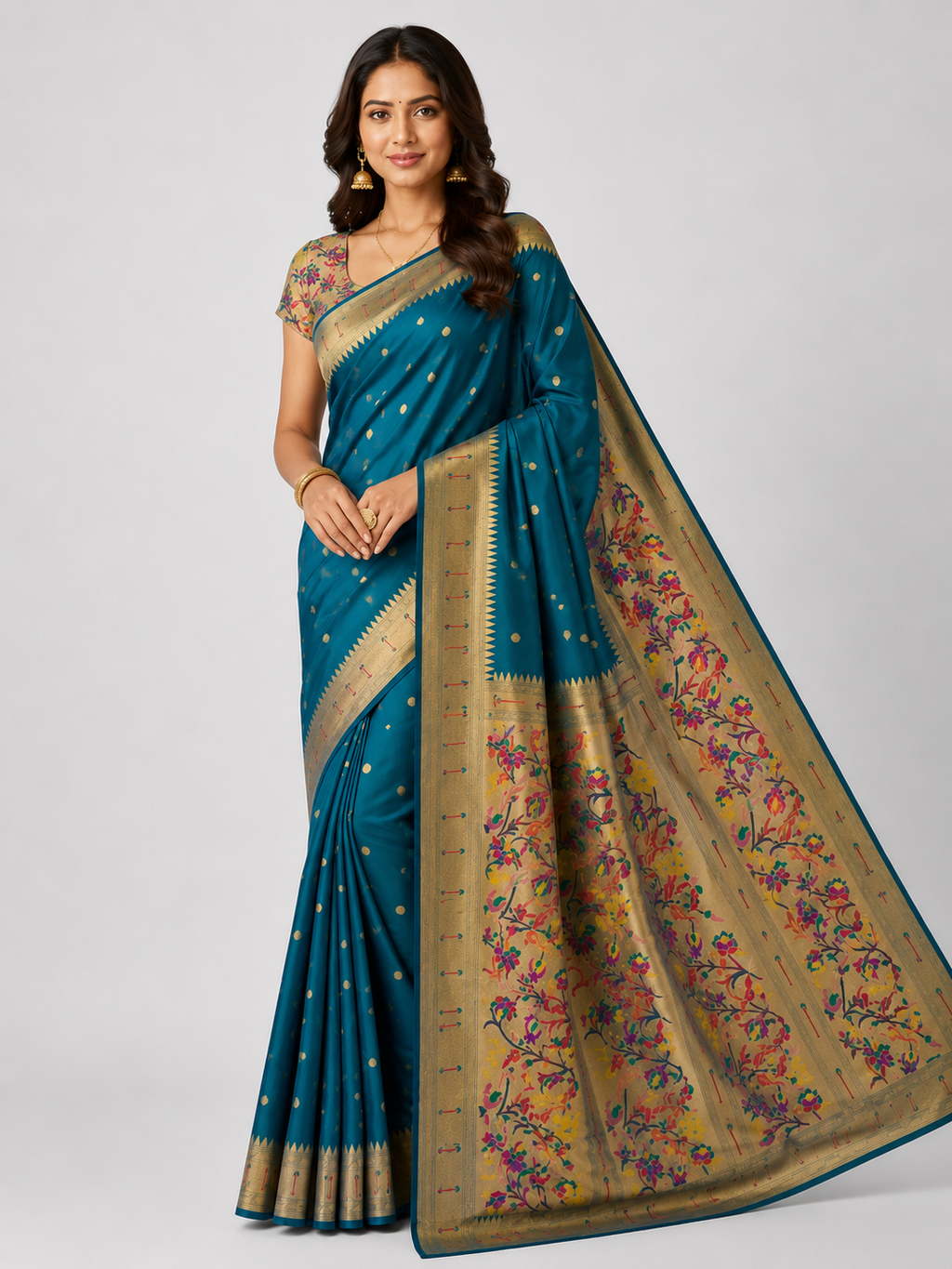 Paithani Silk Saree with Rich Floral Zari Pallu & Gold Butti