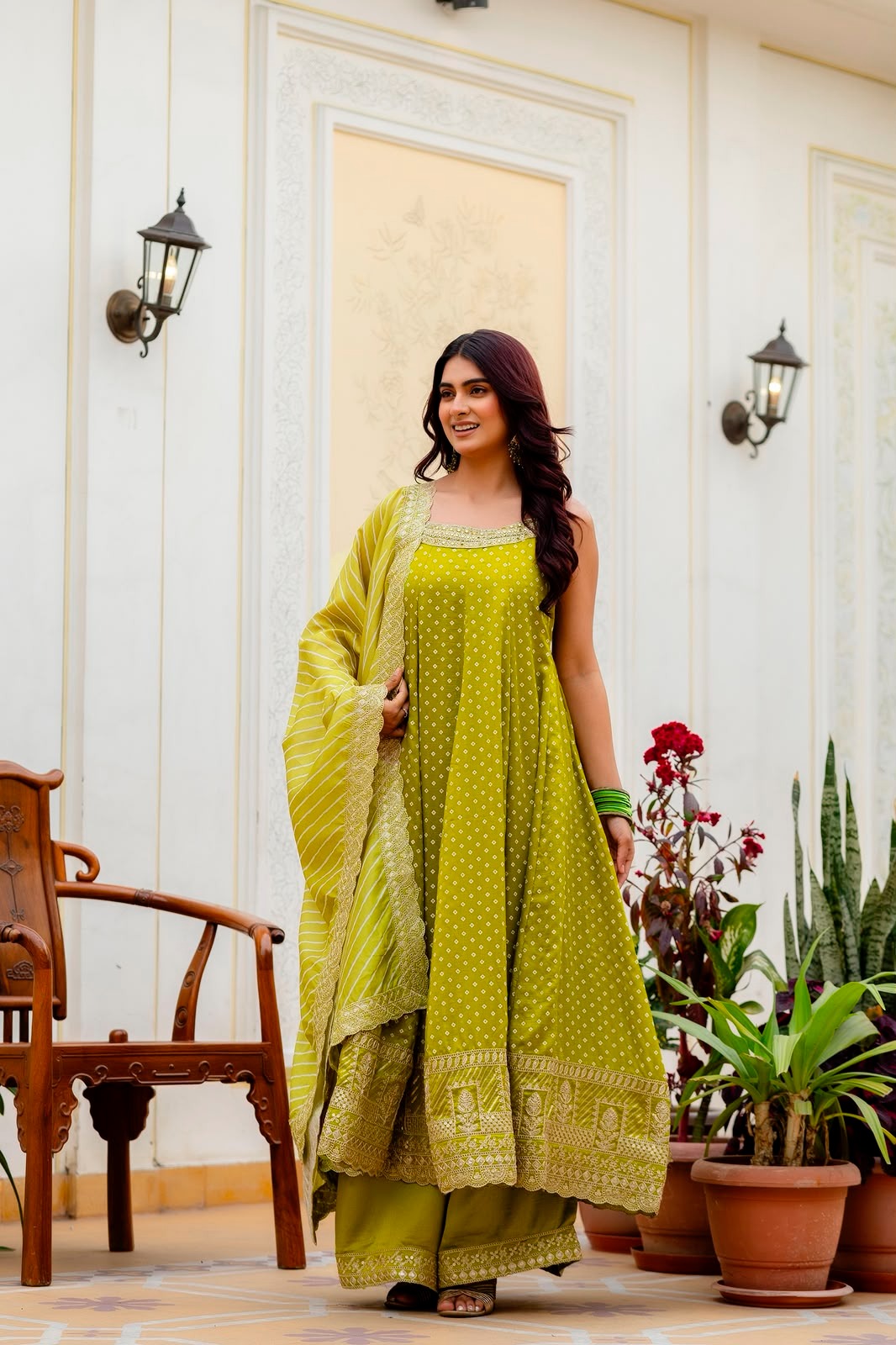Rakshabandhan Special Bandhani Vichitra Silk Anarkali Gown with Palazzo & Leheriya Dupatta