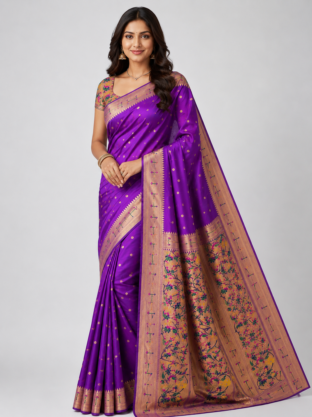 Paithani Silk Saree with Rich Floral Zari Pallu & Gold Butti