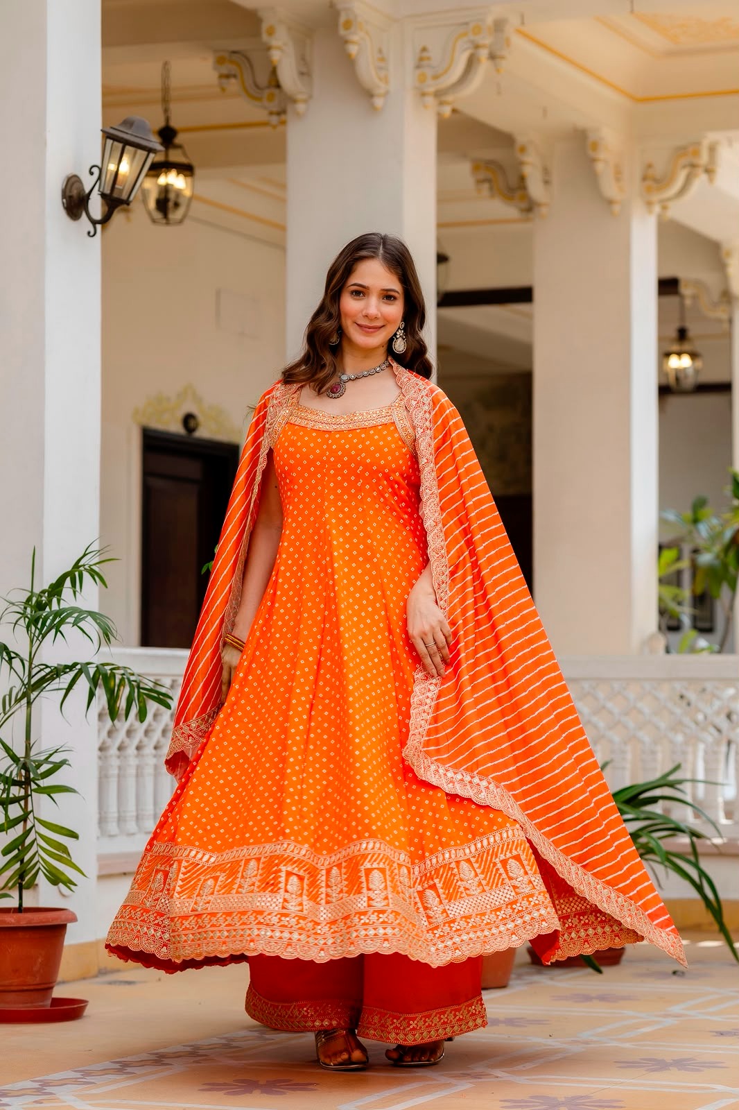 Rakshabandhan Special Bandhani Vichitra Silk Anarkali Gown with Palazzo & Leheriya Dupatta