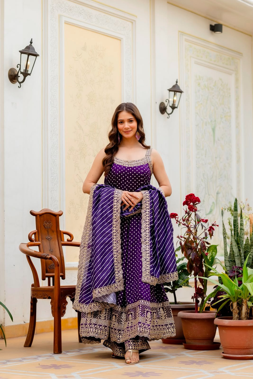 Rakshabandhan Special Bandhani Vichitra Silk Anarkali Gown with Palazzo & Leheriya Dupatta