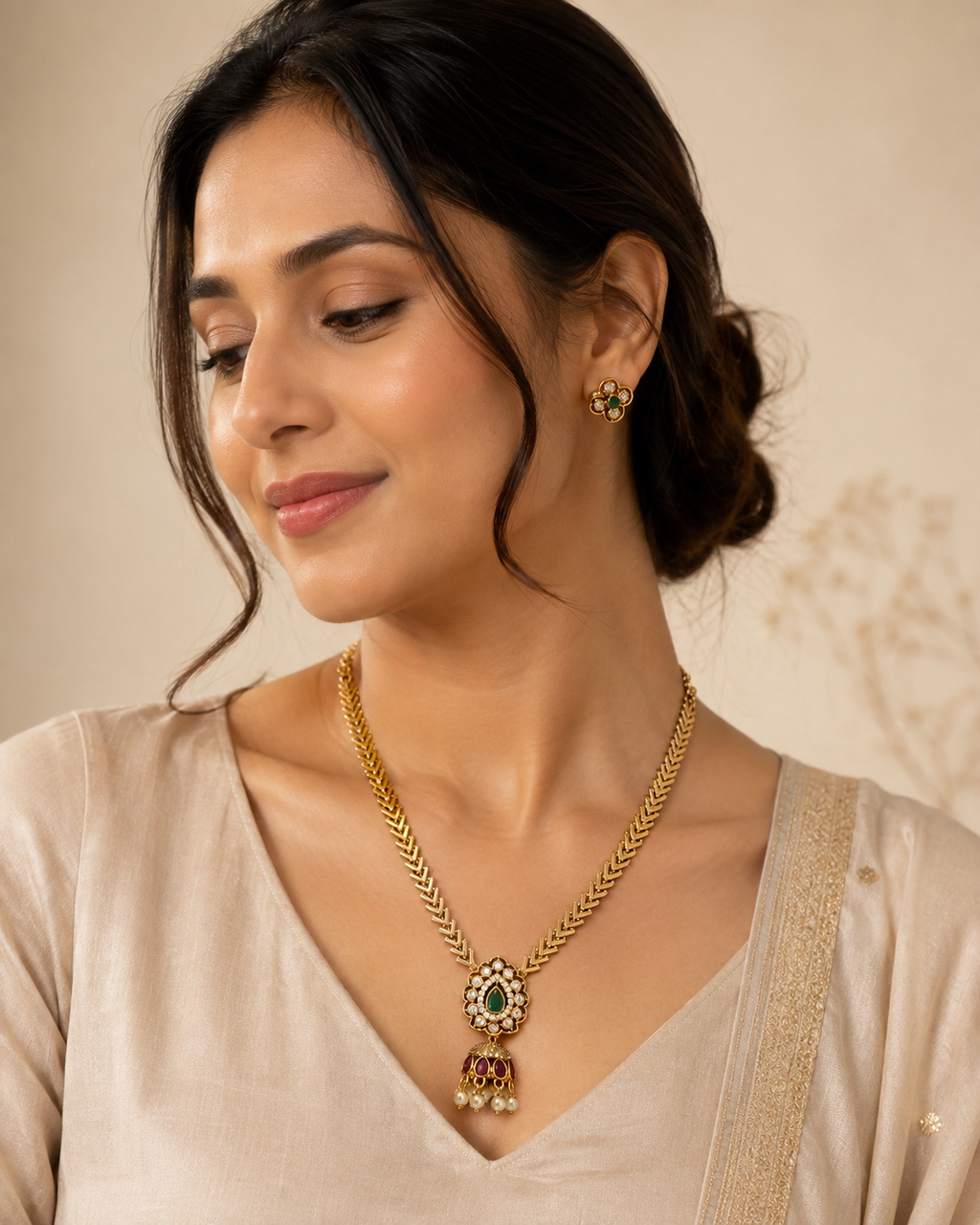 Antique Gold Plated Green Stone Pendant Necklace Set with Matching Earrings for Women
