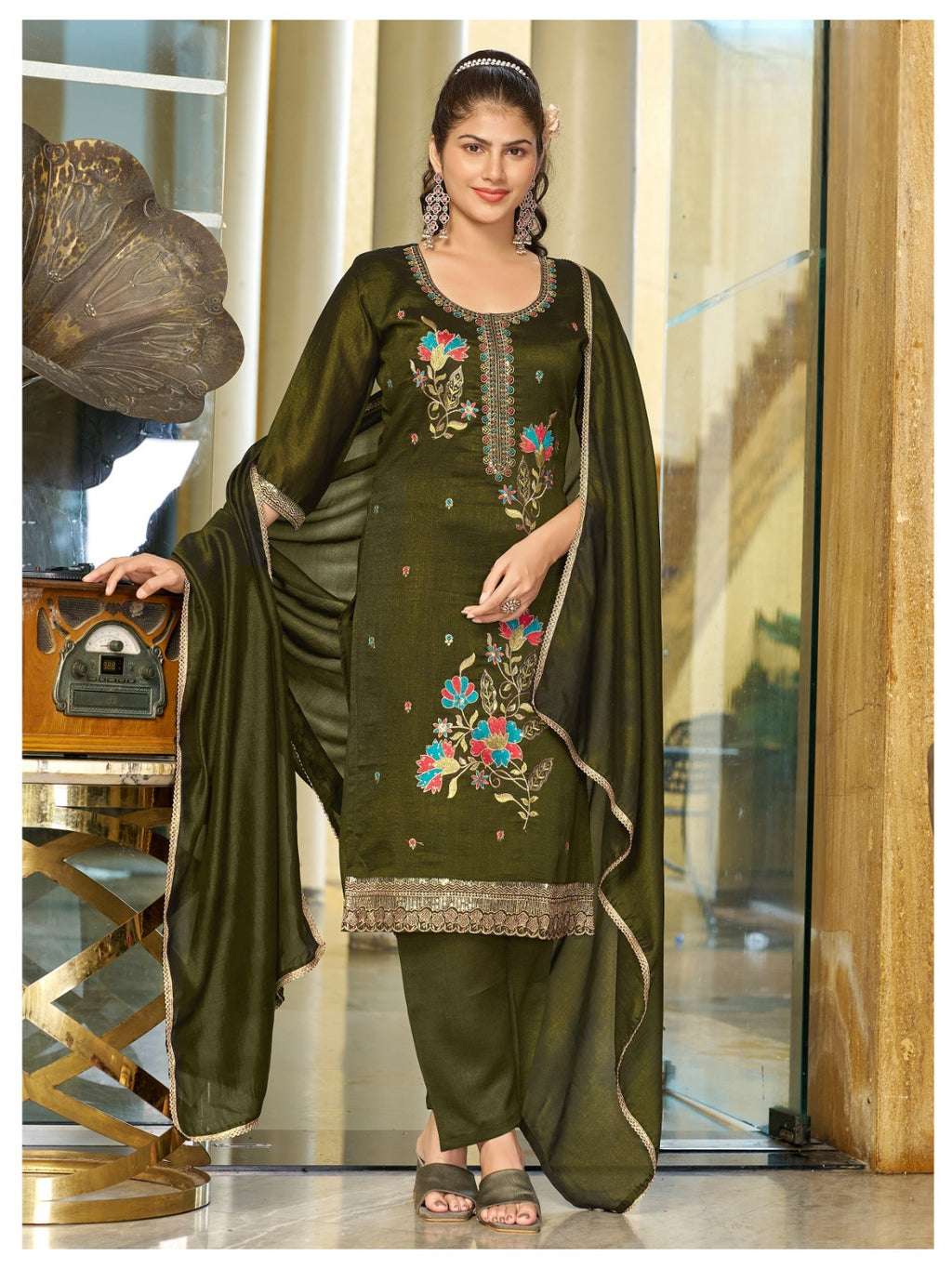 Premium Blooming Vichitra Silk Embroidered Kurti Pant & Dupatta Set