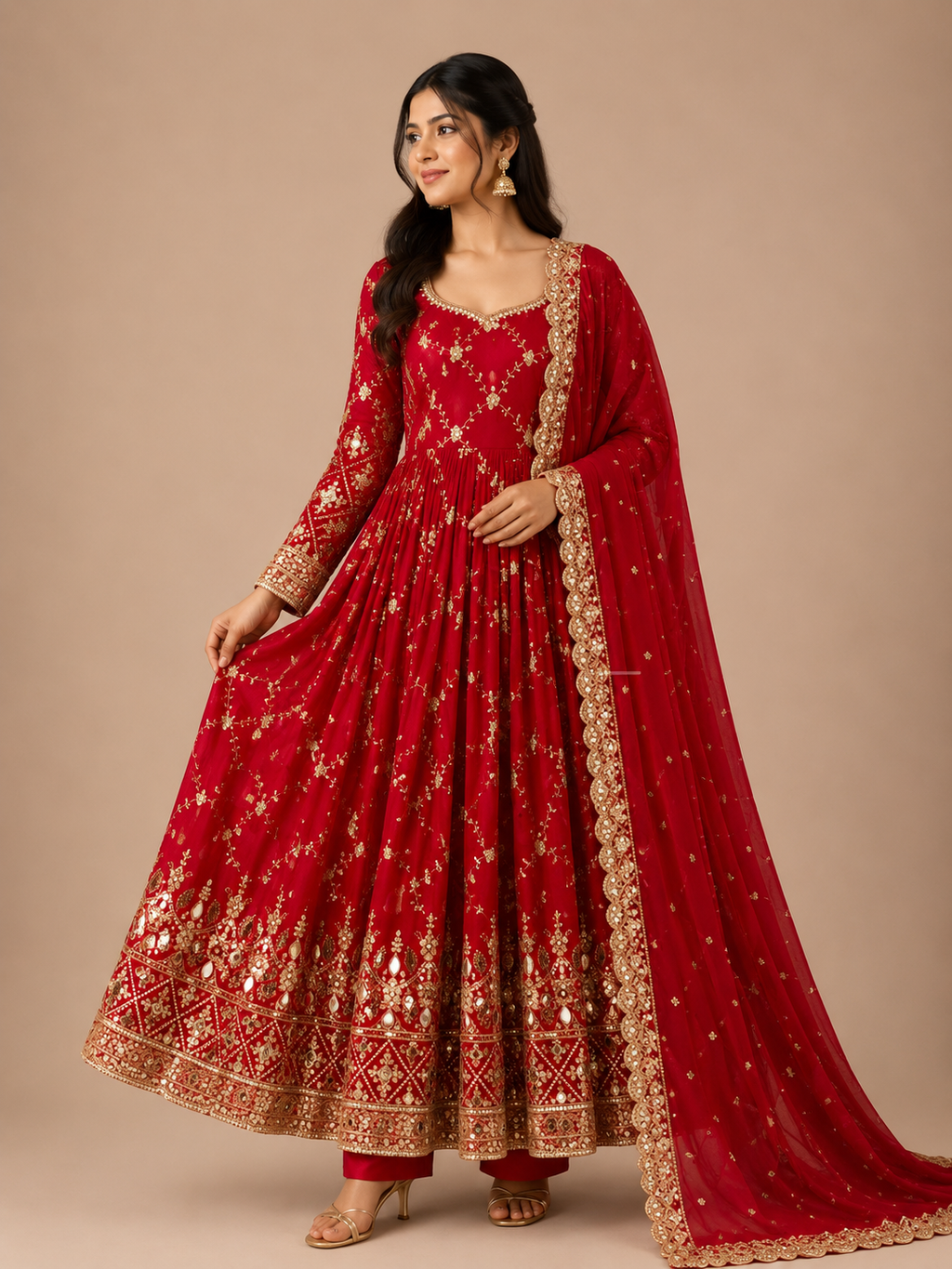 Women's Premium Heavy Chinon Silk Embroidered Anarkali Gown Set with Pant & Dupatta