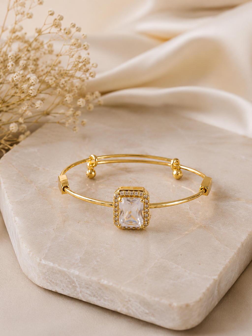 Gold-Plated Adjustable Heart Charm Bracelet with Princess Cut Crystal