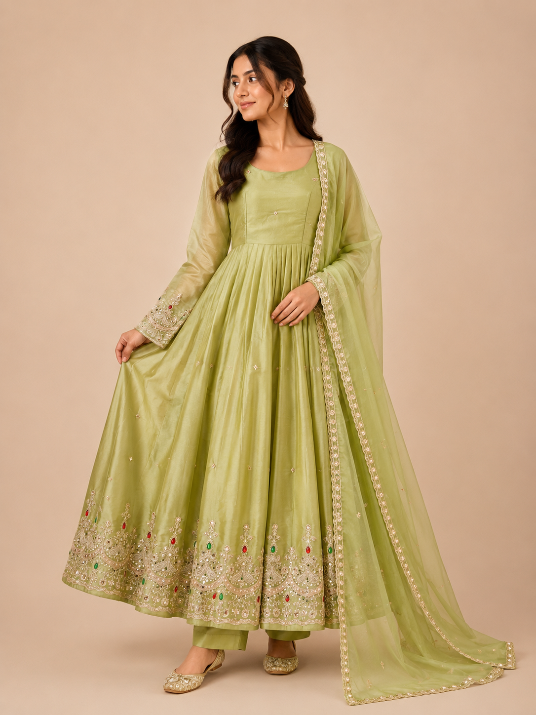 Women's Premium ZMY Silk Embroidered Anarkali Gown Set with Pant & Dupatta | Stone & Sequin Work