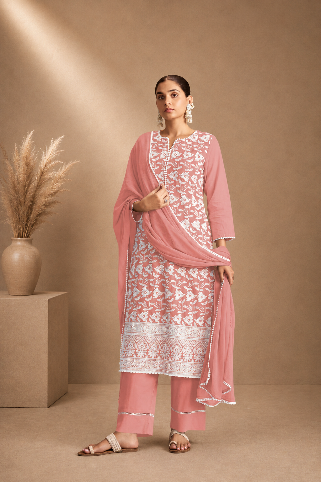 Pure Cotton Schiffli Embroidered Straight Kurta Set with Chiffon Dupatta & Inner