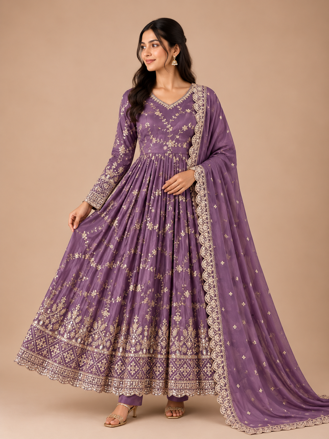Women's Premium Heavy Chinon Silk Embroidered Anarkali Gown Set with Pant & Dupatta