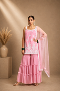 Georgette Schiffli Embroidered Straight Kurta with Sharara & Net Dupatta