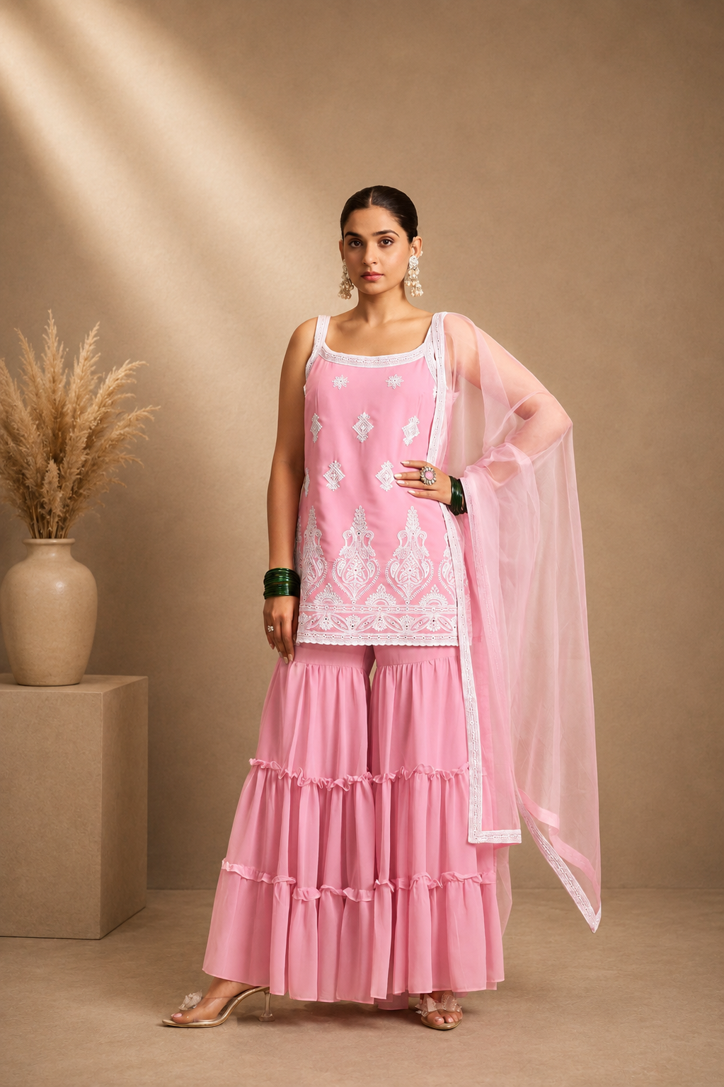 Georgette Schiffli Embroidered Straight Kurta with Sharara & Net Dupatta
