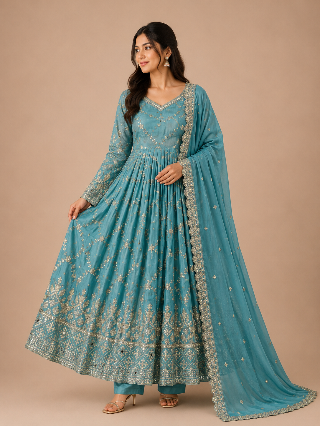 Women's Premium Heavy Chinon Silk Embroidered Anarkali Gown Set with Pant & Dupatta