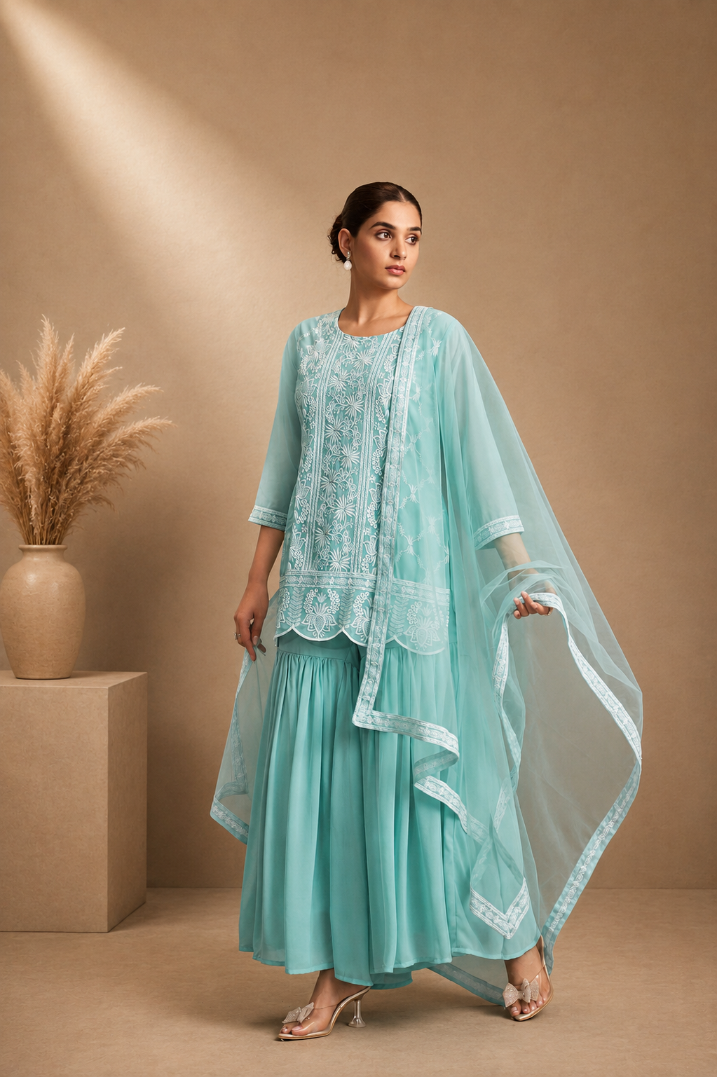 Georgette Schiffli Embroidered Straight Kurta with Sharara & Net Dupatta